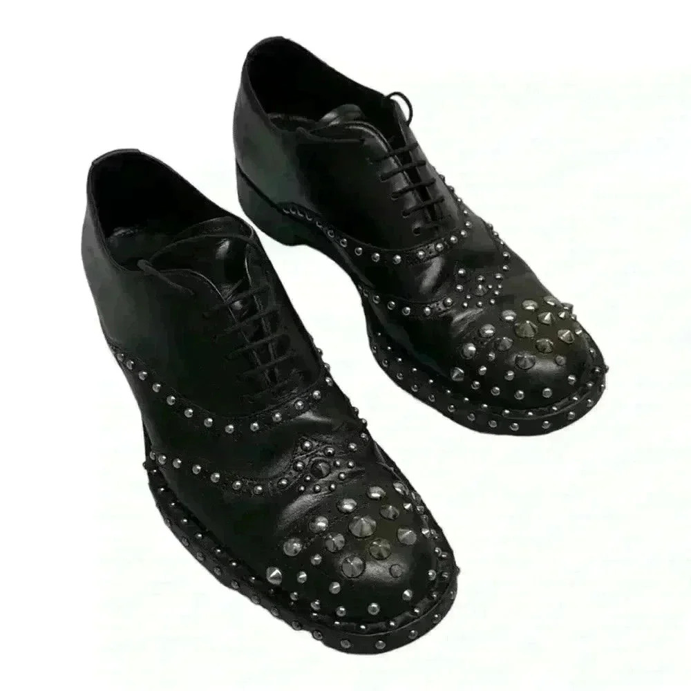 PRADA F/W 09  Black Studded Leather Cap Toe Lace Up Shoes